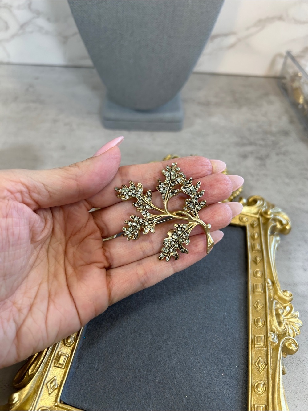 Gorgeous Brushed Gold Leaf Branch Mint Green Rhinestone Brooch